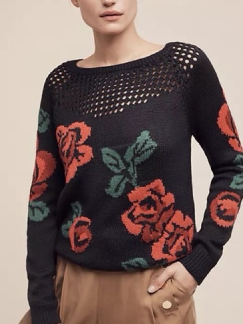 Plenty by Tracy Reese Knitted Floral Rose Sweater Black Chic Gothic Size XS